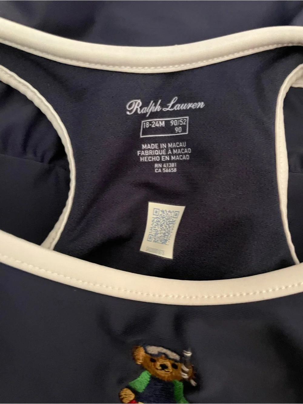 Ralph Lauren Navy One-Piece Swim with White Trim and Bear Embroidery